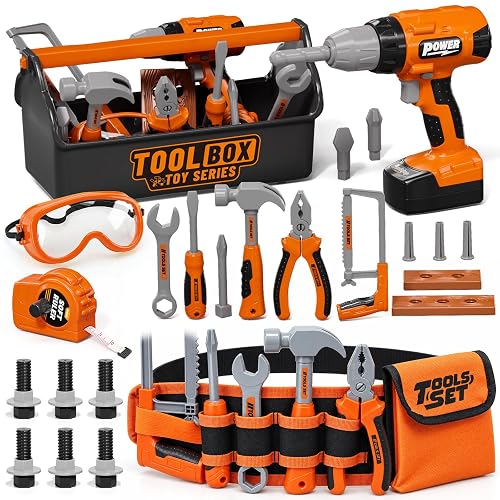 Pandapop Kids Tool Set, Toy Tools with Box, Toys for 3 4 5 Year Old Boys | Toddler Toys with Toy Drill, Construction Toys with Kids Belt, Pretend Play Tools, Christmas Birthday Gifts for Boys Girls