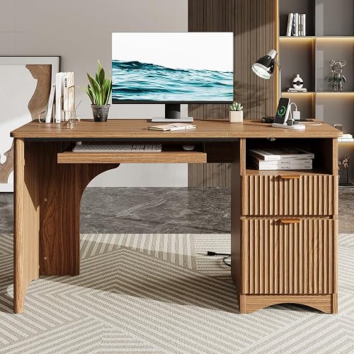 Bestier 55 Inch Computer Desk with Drawers, Power Outlet, Brown Oak | Partitioned Storage & Cable Management,Oak, Easy Assembly, Wear-Resistant Easv-Clean Desktop