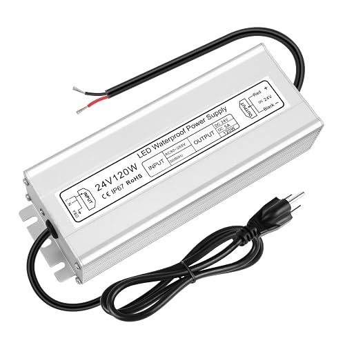 LED Driver 120W 24V Power Supply, IP67 Waterproof Low Voltage Transformer, AC 80-265V to DC 24V 5A Converter with 3-Prong Plug 3.3Ft Cable for Outdoor LED Strip & Landscape Lighting