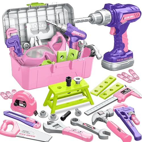 Kids Tool Set, Toddler Tool Box, Toy Drill, Construction Toys for Ages 3-5 | 46 Pcs Kids Toy Tools Kits for Toddlers Pretend Role Play, Christmas Birthday Gifts for Boys Girls Ages 3 4 5 6 7 8, Pink