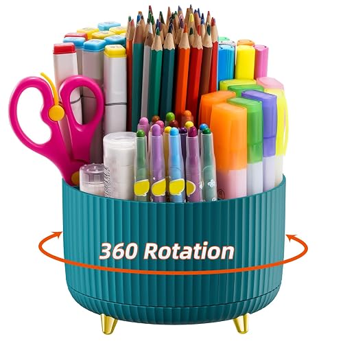 Marbrasse Desk Organizer, 360-Degree Rotating Pen Holder, Desk Organizers and Accessories with 5 Compartments Pencil Organizer, Art Supply Storage Box Caddy for Office, Home（Green）