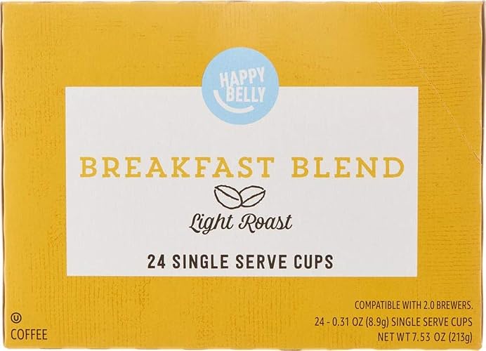 Happy Belly Light Roast Coffee Pods, Breakfast Blend, Compatible with Keurig 2.0 K-Cup Brewers, 24 Count