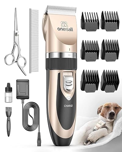 oneisall Low Noise Dog Clippers Grooming Kit for Dogs Cats Pets | Rechargeable Cordless, Long Battery Life, Simple for Beginners, 6 Guide Combs, Removable & Rinsable Blade