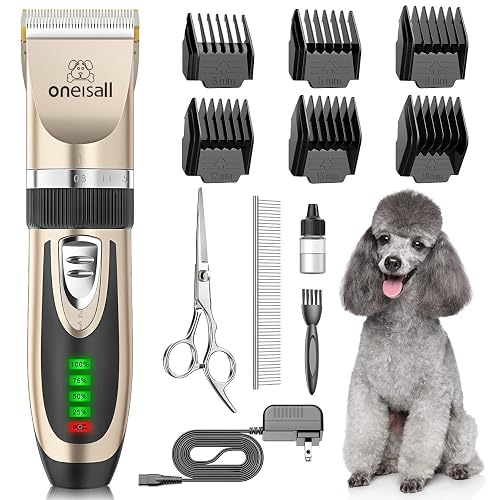 oneisall Dog Grooming Clippers with LED Display for Dogs & Cats | Low Noise Quiet,2-Speed,Cordless Rechargeable,Fast Charge,Detachable,Waterproof,Battery Level Display, Model X2,Gold