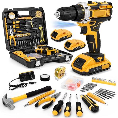95PCS Tool Set with 21V Cordless Drill, Power Drill Tool Kit with 2 Batteries and Charger, 3/8" Keyless Chuck, 350 in-lbs Torque, Home Repair Hand Tool Combo Kit with Storage Case, Yellow