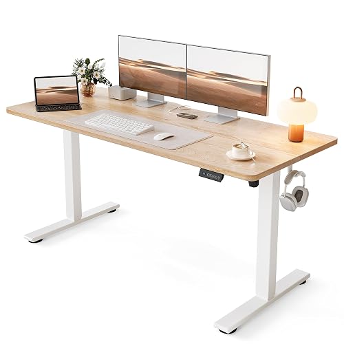 Cubiker Standing Desk, 55x24 Inches Sit Stand Home Office Desk, Electric Stand up Desk, Adjustable Desk with Splice Board, White Frame/Maple Top