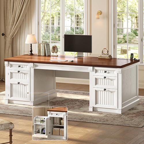 SEDETA 67" Office Executive Desk with 4 Drawers, Storage Cabinet & Outlet | Brown+White Home Office Computer Desk with File Drawers & Cabinet, Power Strip for Office, Bedroom, Work, Writing,Study Table