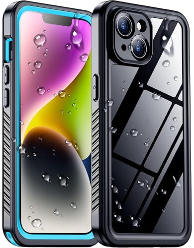 Temdan Compatible with iPhone 14 Case Waterproof, Built-in Screen & Camera Protector IP68 Underwater Full Body 14FT Military Dropproof Shockproof Phone Case 6.1"-Blue/Clear
