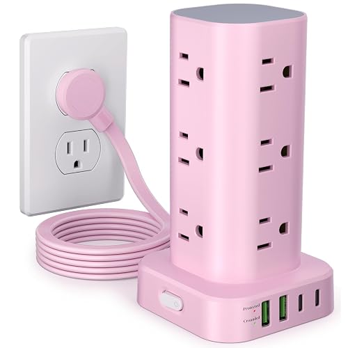 6FT Power Strip Tower Surge Protector, 12 Wide Spaced Outlets, 4 USB | 16-in-1 Desktop Charging Station with 2USB-C,2USB-A, Flat Plug, 6FT Cord, 1800J Surge Protection for Home Office, Dorm Pink