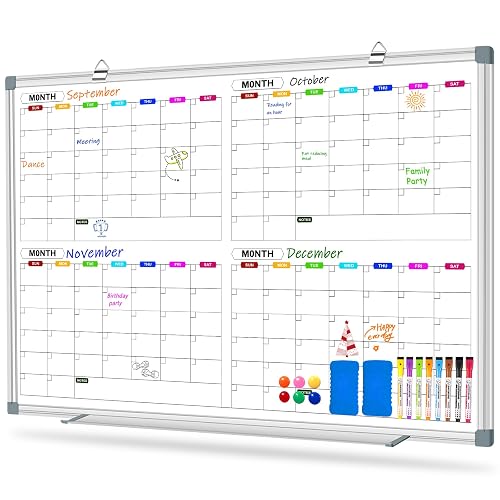 CALENBO 4 Month Calendar Whiteboard for Hanging Wall Mount, 36" x 24" | Magnetic Calendar Dry Erase Board, Planning Board Bulletin Board Portable Board for Office, School, Home Organization