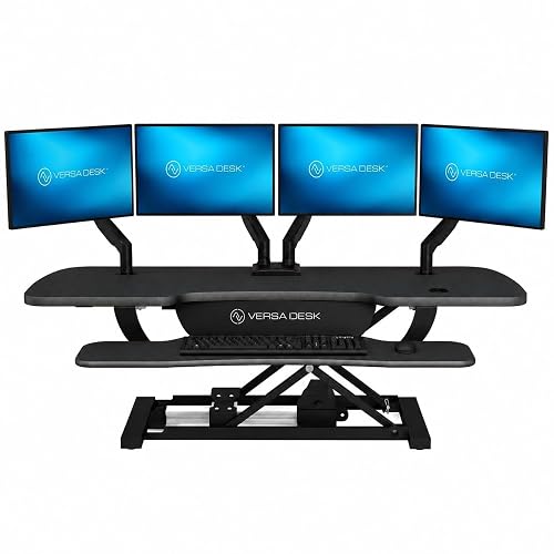 VERSADESK PowerPro 48 Inch Electric Standing Desk Converter – Push-Button Height Adjustable Sit to Stand Desk Riser for Multiple Monitors – Motorized Desktop Workstation with Wide Keyboard Tray, Black