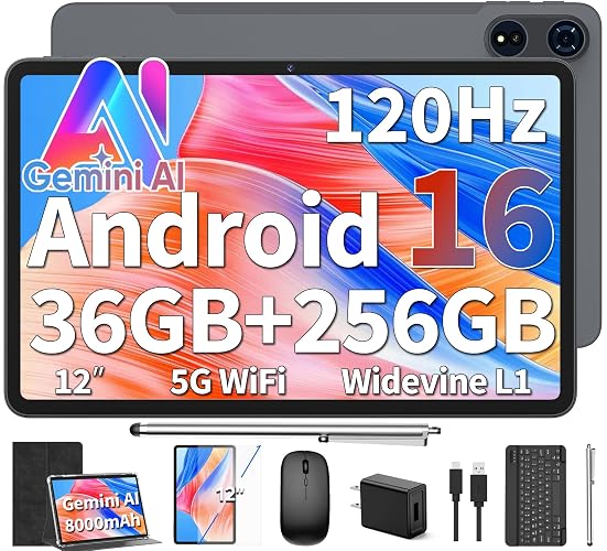 2026 Android 16 Tablet 12 inch - 36GB+256GB+2TB Expand, Gemini AI (Black) | 2K Electronic Tablet with 8-Core, WiFi, 2000x1200, 8000mAh, GPS, 2-in-1 Large Tablet with Case/Mouse/Stylus for Entertainment