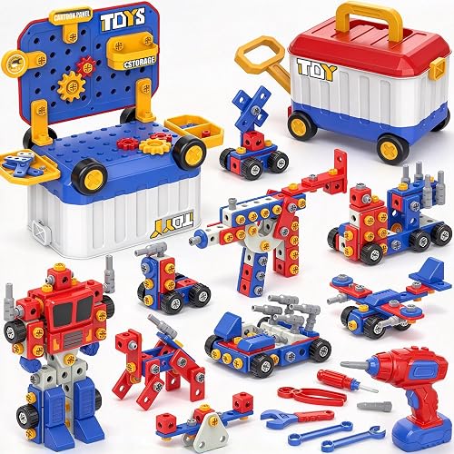 HOLYFUN 195 PCS Kids Tool Set with Electric Drill, 3-in-1 Building Toolbox | STEM Construction Toy with Workbench, Truck, 5 Hand Tools & Building Projects, Gift for Boys Girls Ages 3+
