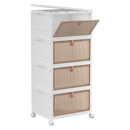 YFXCVSL 4 Tier Plastic Storage Bins with Lid 32QT, Stackable Storage Bins | Plastic Storage Bins with Wheels, Folding Storage Boxes, Organizers and Storage for Living Room,Office,Dorm
