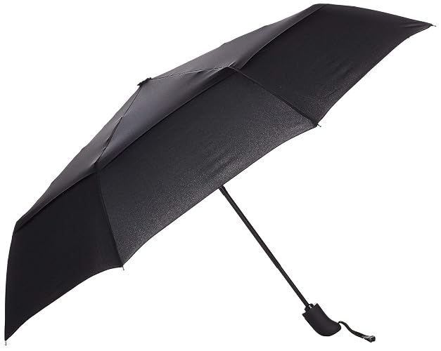 Amazon Basics Round Travel Umbrella with Auto Open/Close Button, Wind-Proof Compact Design, Wind Vent, Strong Alloy Steel Frame, Soft-Grip Handle, Storage Sleeve, 11" When Closed, Black