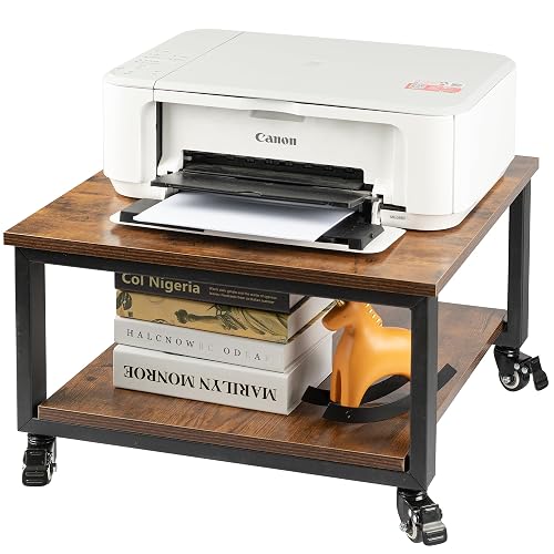 Cakokow Under Desk Printer Stand - 2-Tier Industrial Mobile Printer Table with Storage Shelf, 19.7''x19.7''x12.6'' Heavy Duty Wood Rolling Printer Cart with Wheels for Home and Office,Rustic Brown