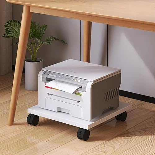 SUZEPER Rolling Under Desk Printer Stand, Movable Printer Shelf with 4 Lockable Wheels,CPU Holder Scanner Copier Stand Plant Tray for Office Home (19.3x17.3x2.6in, White)