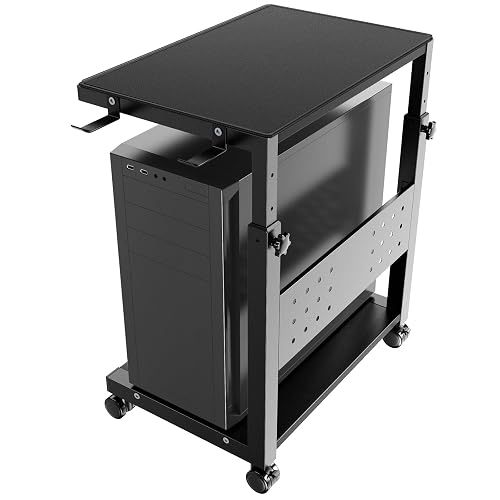 Computer Tower Stand Cart, Height Adjustable from 20 7/16" to 30 1/4" | 2-Tier CPU Cart with 4 Casters, Rolling Holder with Pegboard & 2 Hooks, for Office Home Gaming, Black