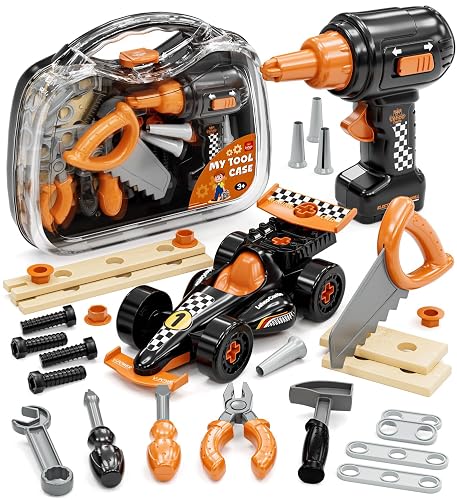 Lehoo Castle Toddler Tool Set with Toy Drill & Take Apart Car for Kids 3+ | Portable Tool Box with Realistic Tools, STEM Construction Toys for Ages 3-5, Pretend Role Play Learning Toys Gifts for Boys