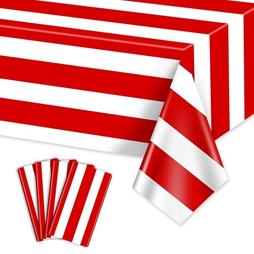 PIXHOTUL 4 Pcs Red and White Striped Vertical Tablecloths, Carnival Tablecover Plastic Disposable Red Stripes Table Cloths for Carnival Theme Party, Movie Night, Birthday, Holiday Party, 51 x 86 in
