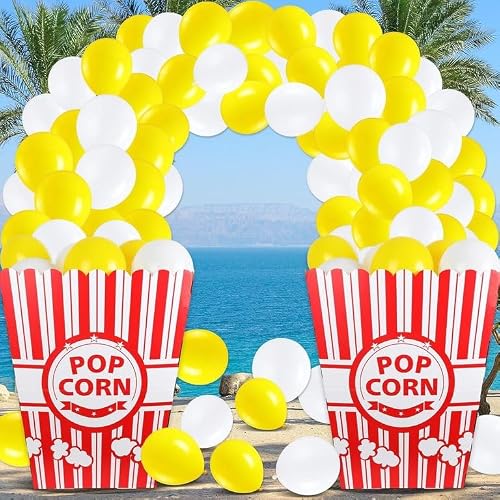 2 Pack Giant Popcorn Box Prop with 200 PCS Balloons (Red) | Sturdy Popcorn Cardboard Box Display Stand for Movie Night, Circus, Theater, Carnival Birthday Party Decorations