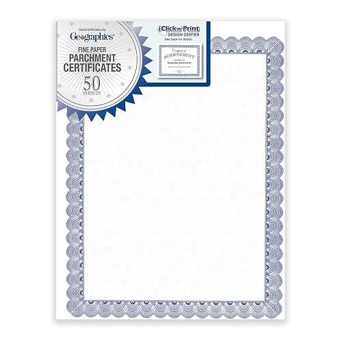 Geographics Parchment Award Certificate Paper - Blue Border Design, | Pack of 50 - 8.5 x 11 in, blank certificates with border, certificate paper blue, blank certificates with border