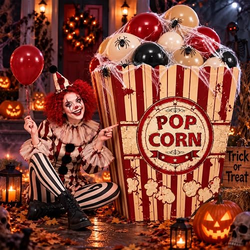 1 Pcs Giant Halloween Popcorn Box Prop with Balloons & Spider Web | Sturdy Popcorn Cardboard Box Display Stand for Carnival, Bloody Circus, Halloween Movie Night Party Decorations