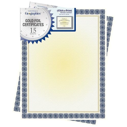 Geographics Blank Award Certificate Paper, 8.5 x 11", Premium Gold Foil & Kensington Blue Border Design (Pack of 15)