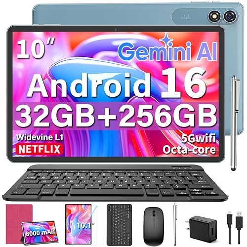 Android 16 Tablet with Keyboard - 10 Inch Tablet, 32GB+256GB+2TB Expand | Electronics AI Tablet with Otca-Core, 8000mAh, GMS, GPS, 2-in-1 Tablet PC with Case, Mouse, Stylus, for Study, Work (Pink）