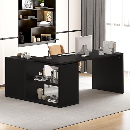 HSH Black L Shaped Computer Desk, Wood Corner Desk with Storage, 55 Inch | Reversible Industrial Wood Executive Workstation with Cabinet Shelves, L-Shaped Home Office Table for Study Writing Gaming
