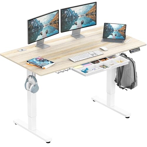 SHW 55 x 28 Electric Height Adjustable Standing Desk w/Drawer, Maple | w/ Memory Presets and Cable Management | Drawer with adjustable compartments | Hanging Hooks