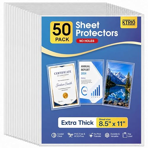 KTRIO No Holes Sheet Protectors 8.5 x 11, 50 Pack Heavy Duty Paper Sleeves | Non-Punched Page Protectors, Extra Thick, Crystal Clear, Acid-Free, Letter Size, Top Loading for Documents and Filing