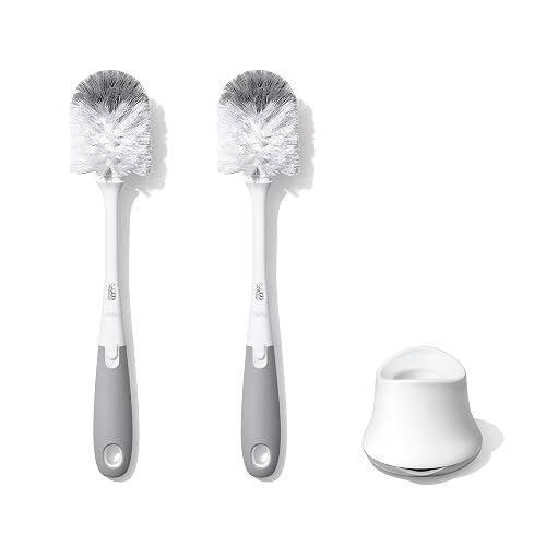 OXO Tot Baby Bottle Brush with Nipple Cleaner and Stand, Gray 2-Pack | Newborn-Ready Bottle Brush Set, Nipple Cleaner Included, Stand Keeps Counter Dry, Soft Bristles, 2-Pack