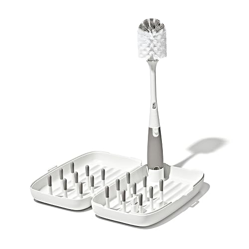 OXO Tot Travel Size Baby Bottle Drying Rack & Bottle Brush, Portable, Gray | Compact Drying Rack For Diaper Bag, Portable Infant Bottle Drying Rack, Includes Bottle Brush