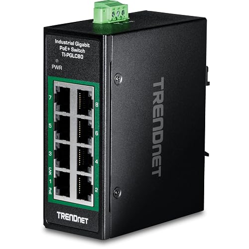 TRENDnet 8-Port Industrial Gigabit PoE+ DIN-Rail Mini Switch, TI-PGLC80 | NDAA + TAA Compliant, 200W Power Budget, 16Gbps Switching Capacity, IP30 Rated, Extra Small Housing Design