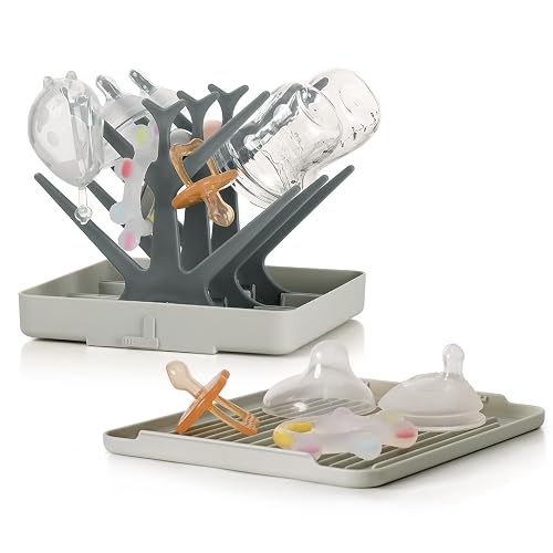 haakaa Portable Baby Bottle Drying Rack with Tray,Foldable Space Saving Bottle Drying Tree for Bottles/Pump Parts/Pacifiers,Easy-Store Dryer Rack Great for Travel & Home, BPA Free (Grey)