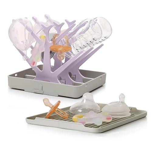 haakaa Portable Baby Bottle Drying Rack with Tray,Foldable Space Saving Bottle Drying Tree for Bottles/Pump Parts/Pacifiers,Easy-Store Dryer Rack Great for Travel & Home, BPA Free (Lavender)