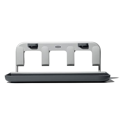OXO Good Grips Aluminum Frame Bottle Drying Rack | Coutertop Water Bottle Drying Rack, Holds 4 Water Bottles, Mugs, Lids, Straw Holder, Rustproof Aluminum, Compact Storage