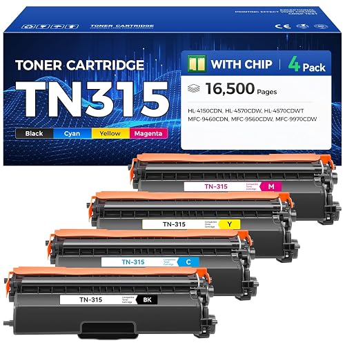 TN315 Toner Cartridge Set 4-Pack with Chip Replacement for Brother TN-310 TN-315 TN-336 Compatible with DCP-9050 9055 9270 HL-4140 4145 4570 MFC-9460 9560 9970 (1 Black 1 Cyan 1 Magenta 1 Yelllow)