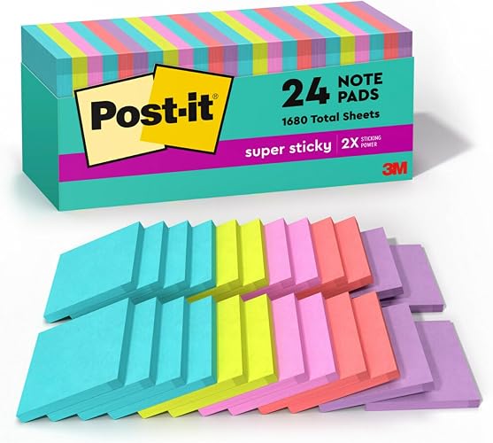Post-it Super Sticky Notes, 3 x 3 in, Supernova Neons, 3 x 3 in, 24 Pads (70 Sheets per Pad) (Pack of 8)