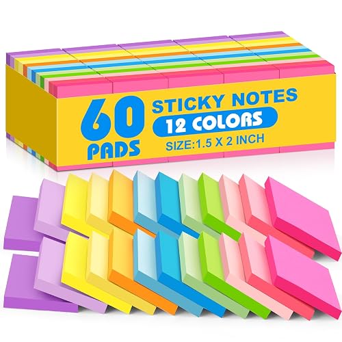 (60 Pack) Sticky Notes 1.5x2 in, 12 Bright Colors Self-Stick Note Pads | Bright Premium Mini Sticky Notes, Bulk Sticky Notes Pads for School, Office, Home