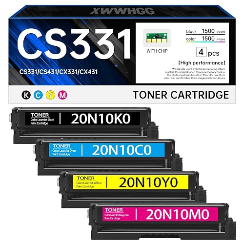 XWWHGG CS331 CX331 Toner Cartridge 4-Pack | Replacement for 20N10K0, 20N10C0, 20N10M0, 20N10Y0 | Compatible with Lexmark CS331, CS431, CX331, CX431 Printers (BK/C/M/Y)