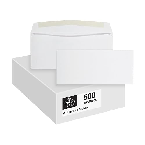 Quality Park #10 Envelopes, Letter Size White Mailing Envelopes, 4-1/8x9-1/2 Inch, No Window Business Envelopes, Gummed Closure, 500/Box (QUA90020)