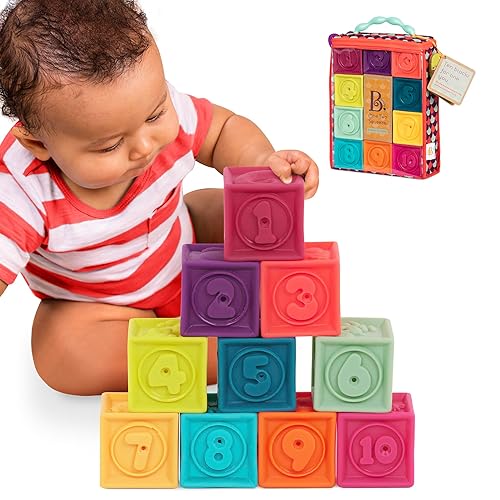 B. toys One Two Squeeze, 10 Soft Stacking Blocks, Blocks - 2, Baby | 10 soft building blocks with numbers, shapes, animals, textured sides, and a reusable fabric bag for storage, Baby, 6+ Months