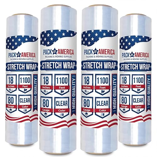 Pack of America Stretch Film - 4 Roll Clear, 18” x 1100 Feet, 80 Gauge (20 Micron) Industrial Heavy Duty Plastic Shrink Wrap and Dispenser for Packing, Shipping, Pallet, Moving Supplies