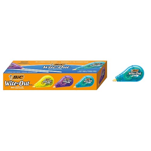 BIC Wite-Out Mini Correction Tape, White, 12-Count Pack, No Dry Time | No Dry Time for Instant Use, Long Lasting Design, 12 Correction Tapes, 19.6 Feet Coverage, Colors May Vary