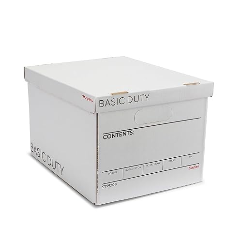 Staples Corrugated File Box, Lift-Off Lid, Letter/Legal, White/Black, 10/Pk | Stackable storage boxes for document organization in offices, archives, and storage rooms.