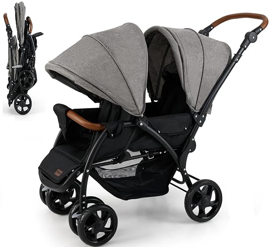 INFANS Double Stroller, Foldable Baby Tandem Stroller with Djustable Backrest Canopy Footrest, 5-Point Harness, Storage Basket, Convertible Compact Twin Stroller for Infants and Toddlers