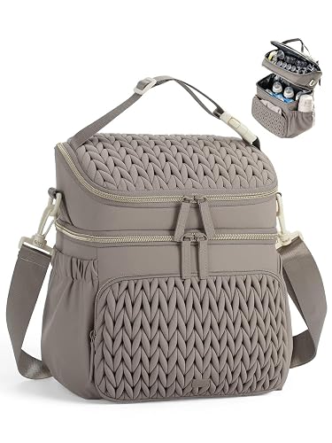 Tonyeee Breastmilk Cooler Bag, Insulated Baby Bottle Bag for Daycare Travel | Fits 6 Baby Bottles Up to 9 Ounce, 12L Double Layer, with Ice Pack, Shoulder & Stroller Strap, Soft Pad, Quilted Taupe