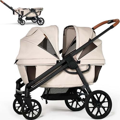Weego Lightweight Wagon Stroller for 2 Kids, Foldable All-Terrain, Khaki | Double stroller wagon with removable canopy, adjustable push-pull handle, snack tray, cup holders and storage basket.